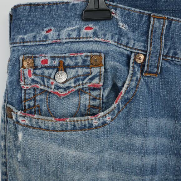 True Religion Jeans Mens 40 x 34 Waist Blue Denim Skinny Flap Pockets Distressed - Picture 7 of 16